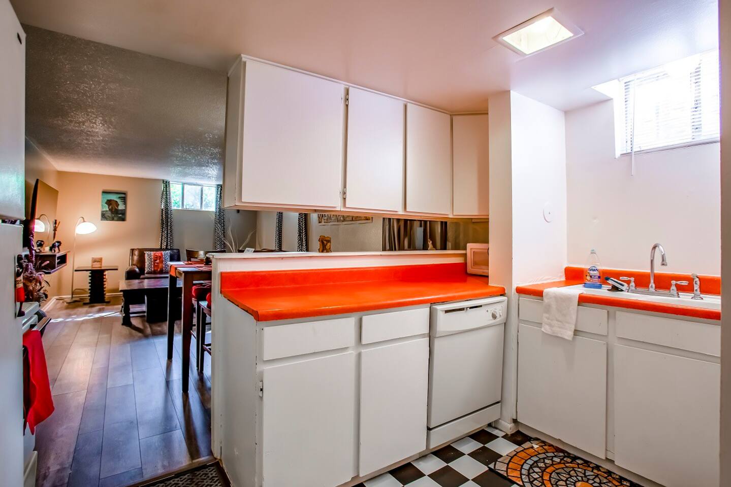 Retro kitchen with seating + light - “Fully Stocked Kitchen, Sunny Nook” 