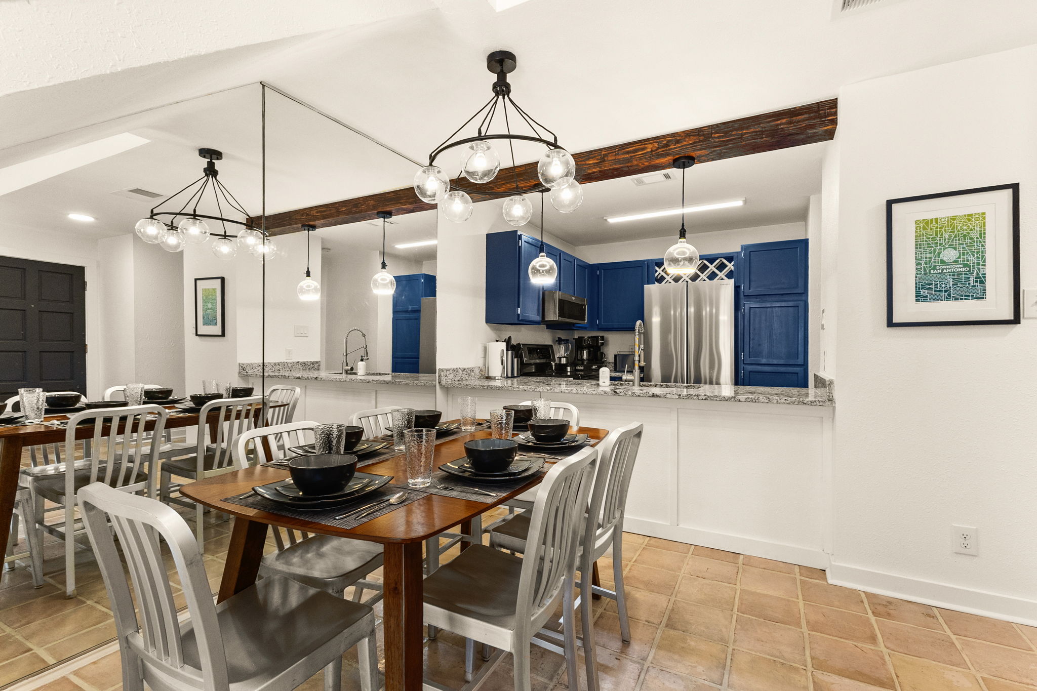 Full dining setup near kitchen for easy meal service