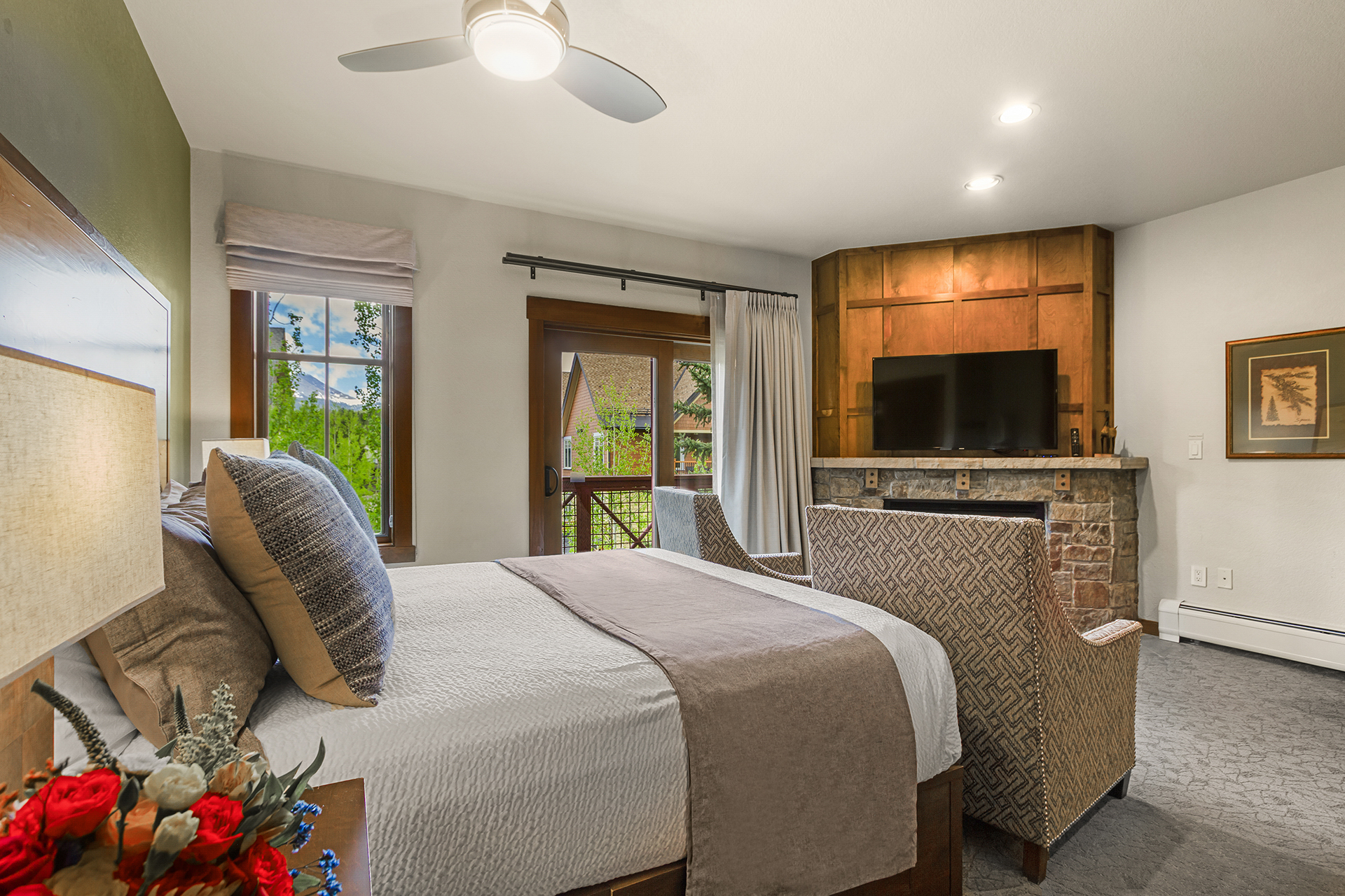 King bed in 3rd bedroom with gas fireplace