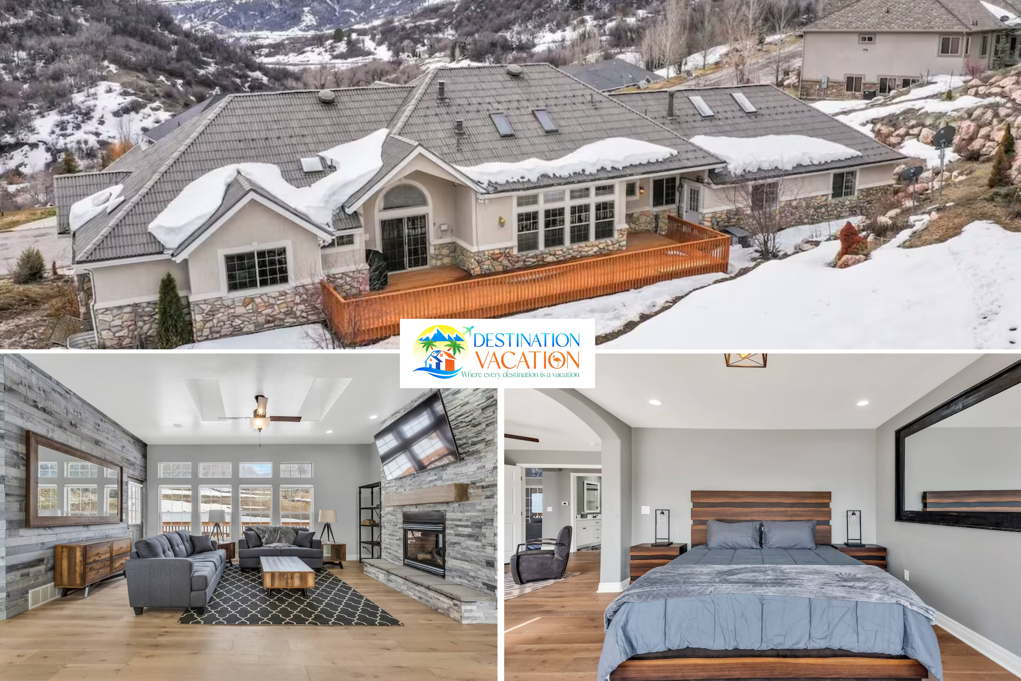 A stunning mountain retreat surrounded by winter wonderland views.
