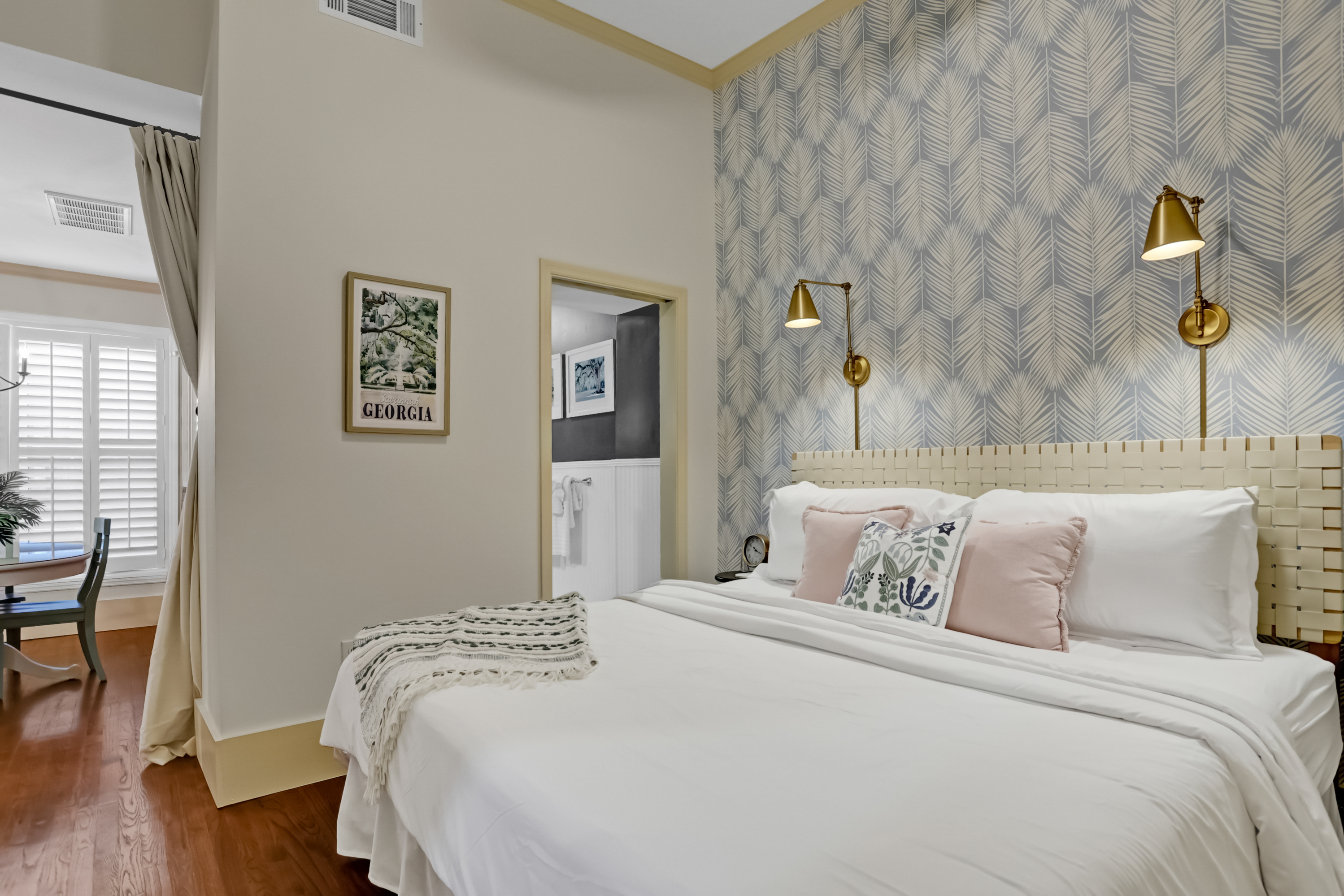 Stylish and serene, the bedroom invites rest and relaxation.