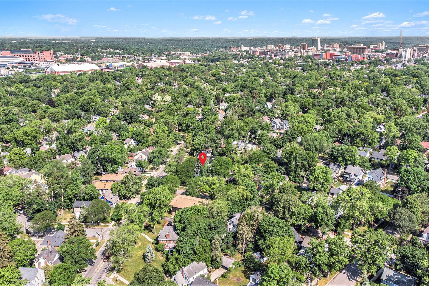 Aerial View. Downtown to the right, Athletic facilities to the left.