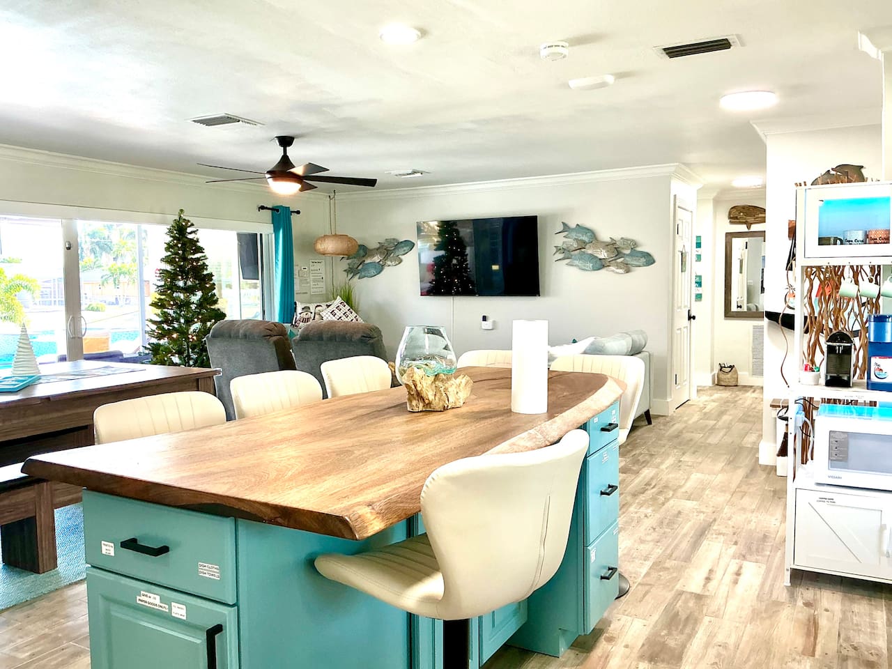 New live edge slab island, a rare cashew wood piece from Costa Rica, seats up to 6