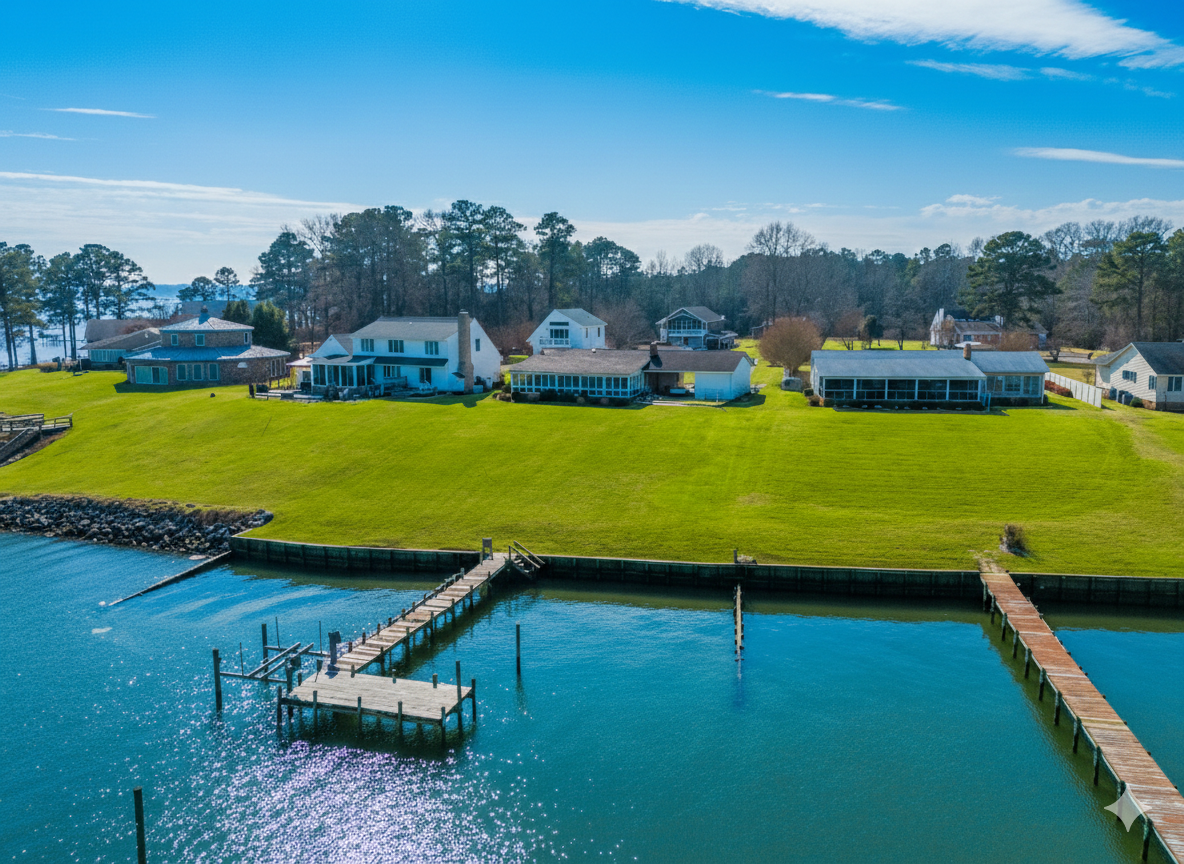 Exterior View: Stunning waterfront retreat with lush lawns and peaceful piers awaits your adventure!