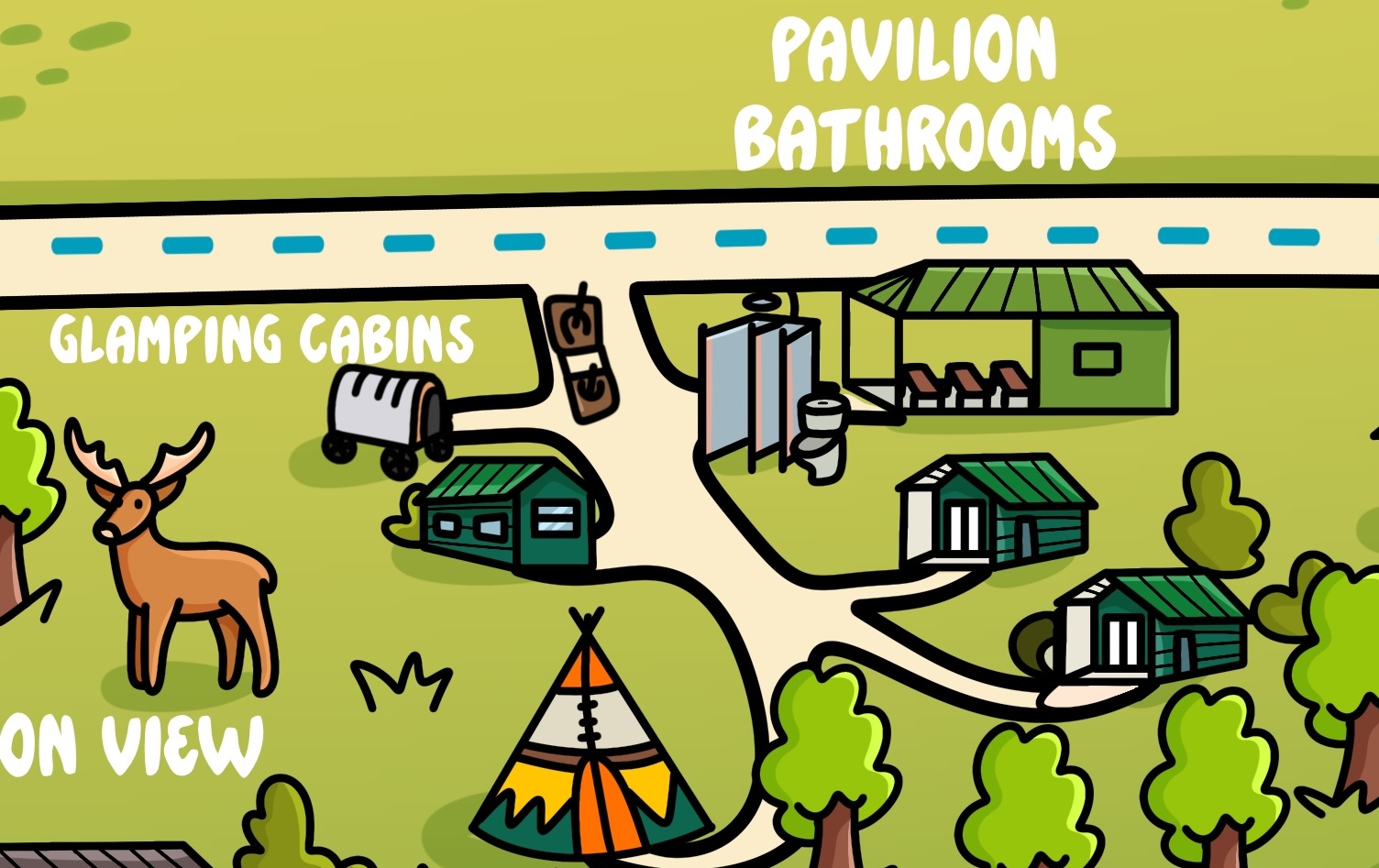 Covered Wagon & Glamping Village Cartoon Rendition