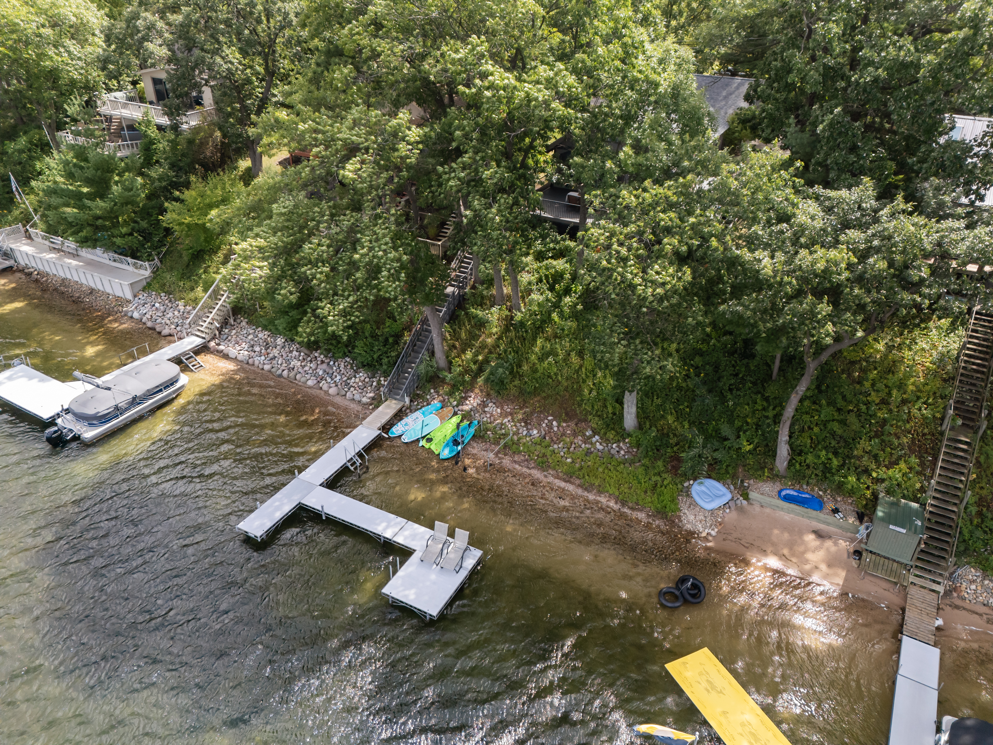 A large pier awaits to dock your boat and launch straight into lake adventures