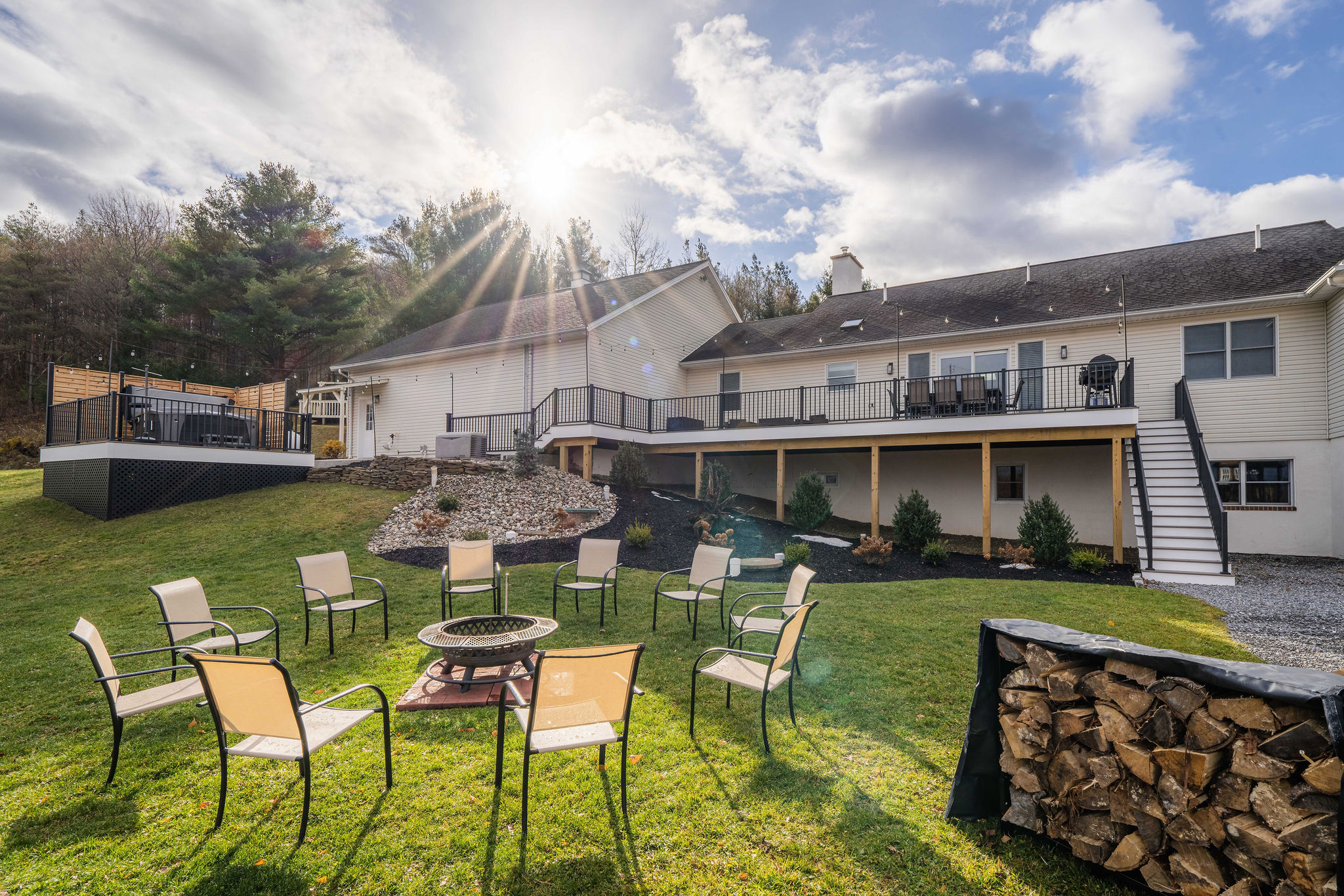 Large smokeless fire pit with seating for the whole group and open views