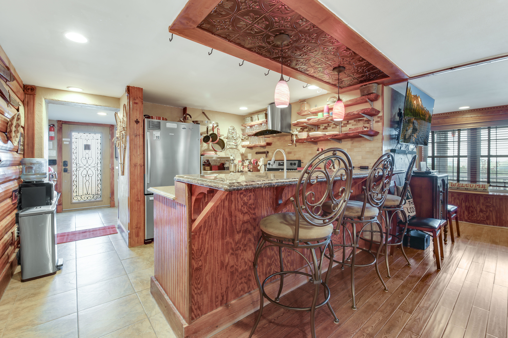 Open layout makes cooking and conversation easy.