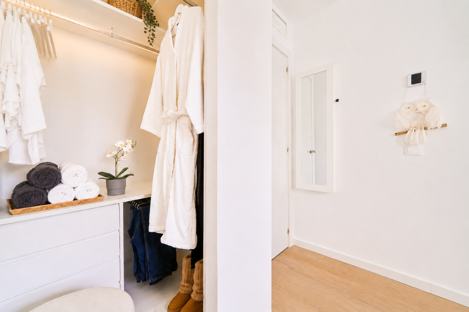 Bright and elegant master bedroom with a private terrace, walk-in wardrobe, and a serene atmosphere designed for restful nights.