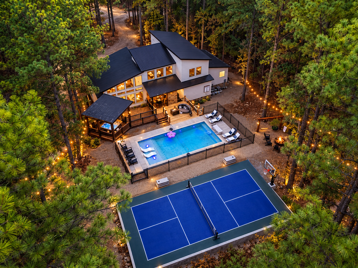 Dive into the 16x34 pool with optional heating, chill on the serene tanning ledge with soothing bubblers, challenge your crew on the dual pickleball & basketball court, then light up the night at the 6-hole GLOW Golf Course. 🌙🎾🏀⛳️