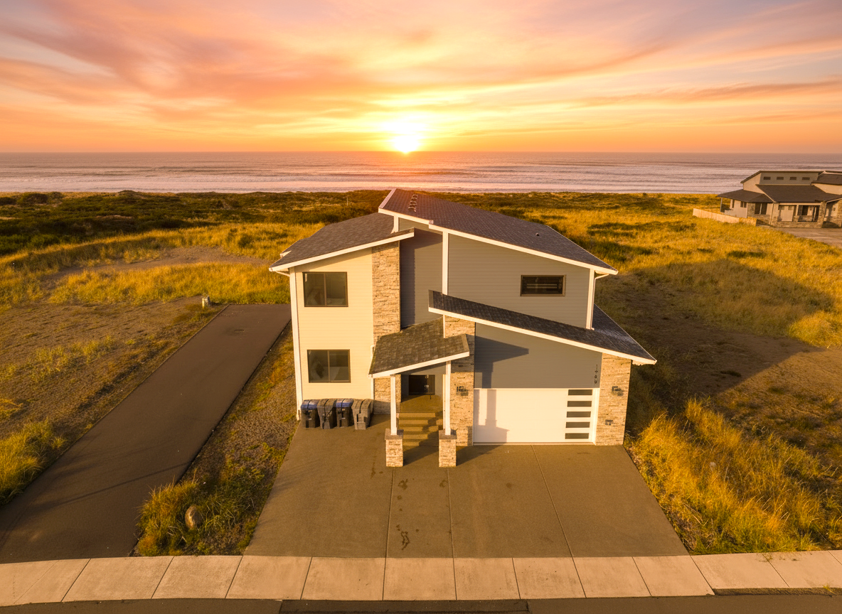 {Exterior} Where privacy meets the coast — a new community just steps from the beach, with golden sunsets to welcome you home.