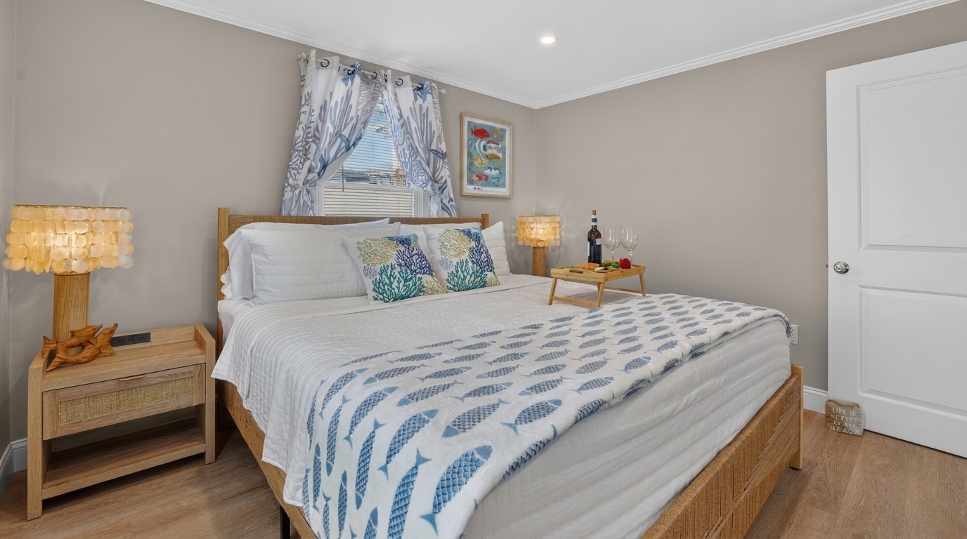 Rest and recharge in a peaceful bedroom with comfortable bedding and relaxing coastal décor.
