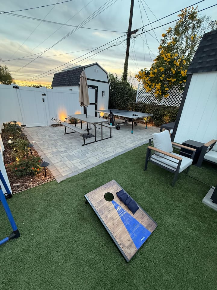 Backyard Seating and Fire Table. Outdoor Dining Table & Ping Pong Table