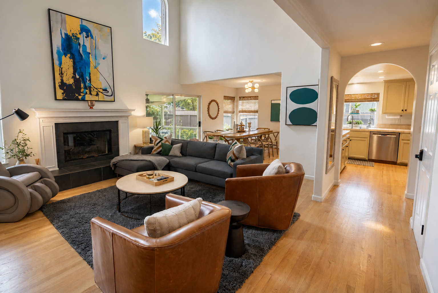 Living area with smart tv, massage chair and fireplace