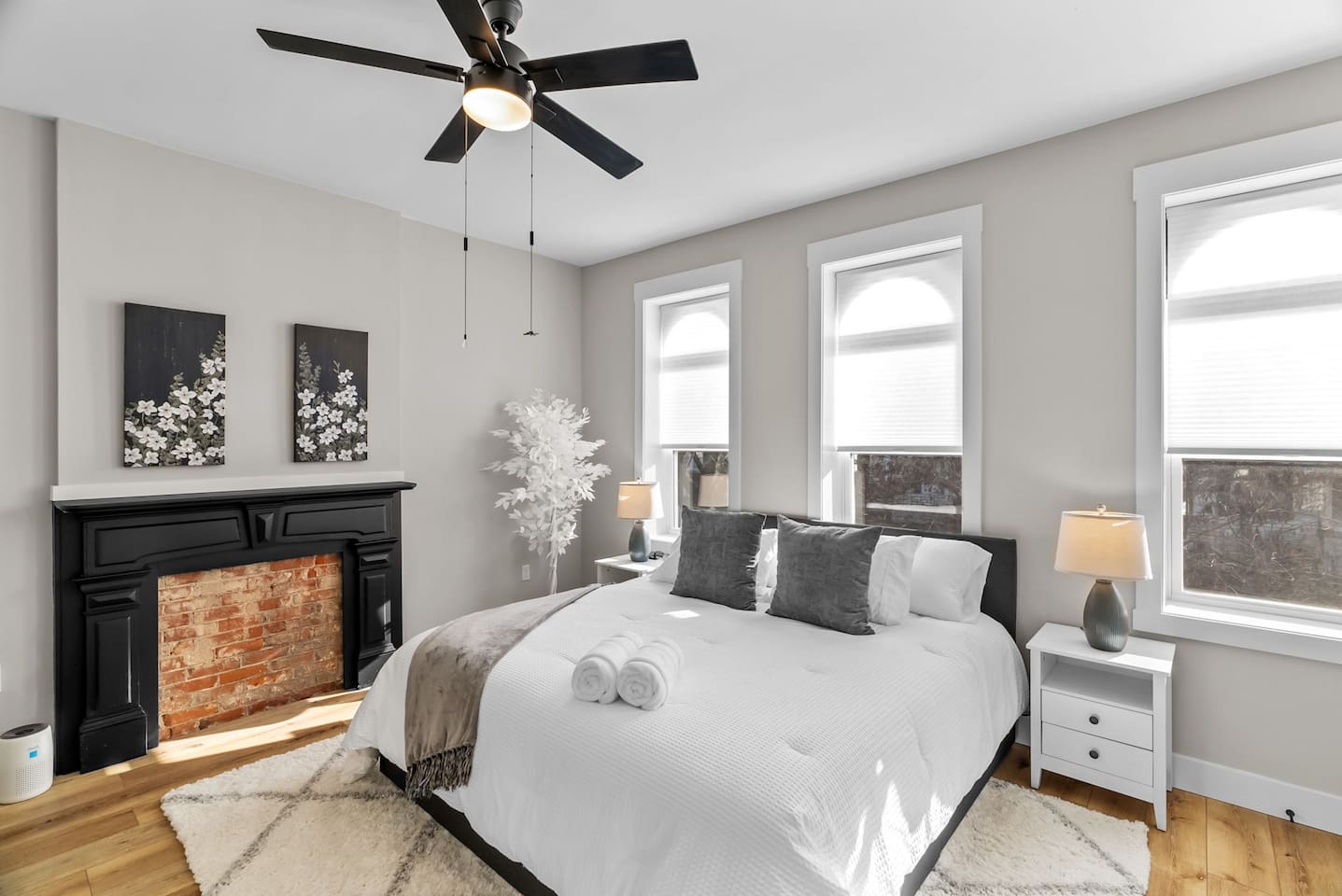 Bright spacious room with morning sun equipped with King size bed, dresser, closet, and TV for your late night entertainment.  Bedside tables w built-in outlets and USB chargers!
Please note: shades are not room darkening and there are no curtains.