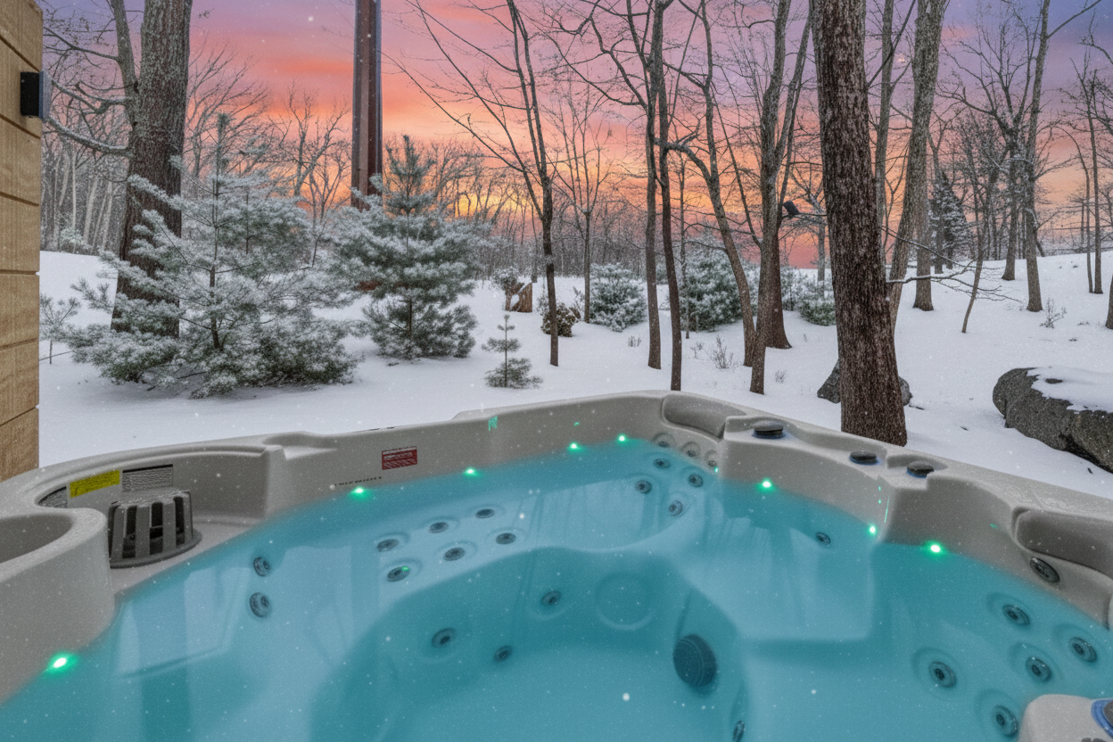 Sunset Soak: Enjoy the warm hot tub glow as the sun sets over the snowy Poconos. Pure winter magic!
