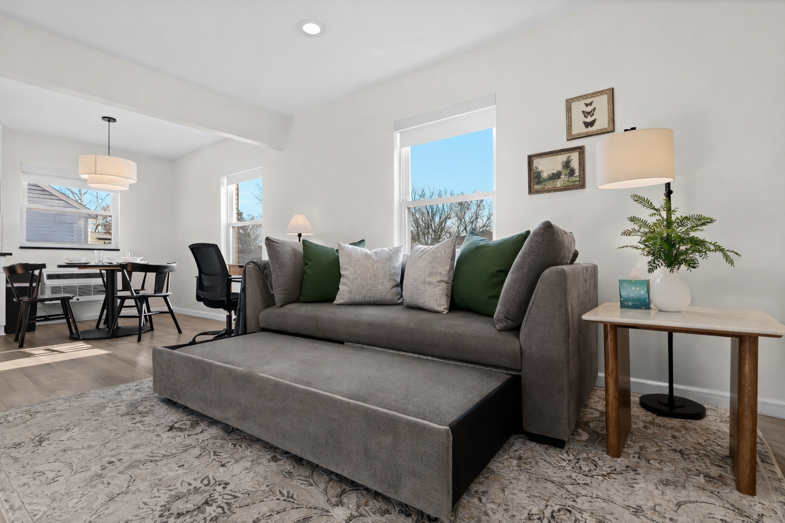 Versatile living space with a comfortable pull-out sofa, bright natural light, and modern décor—ideal for lounging by day or accommodating extra guests at night.