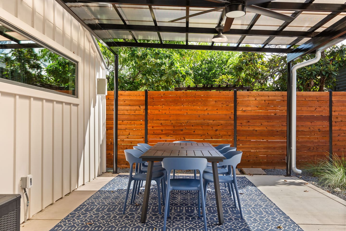Spacious outdoor dining area with fans and lighting for relaxing meals under the Texas sky.
