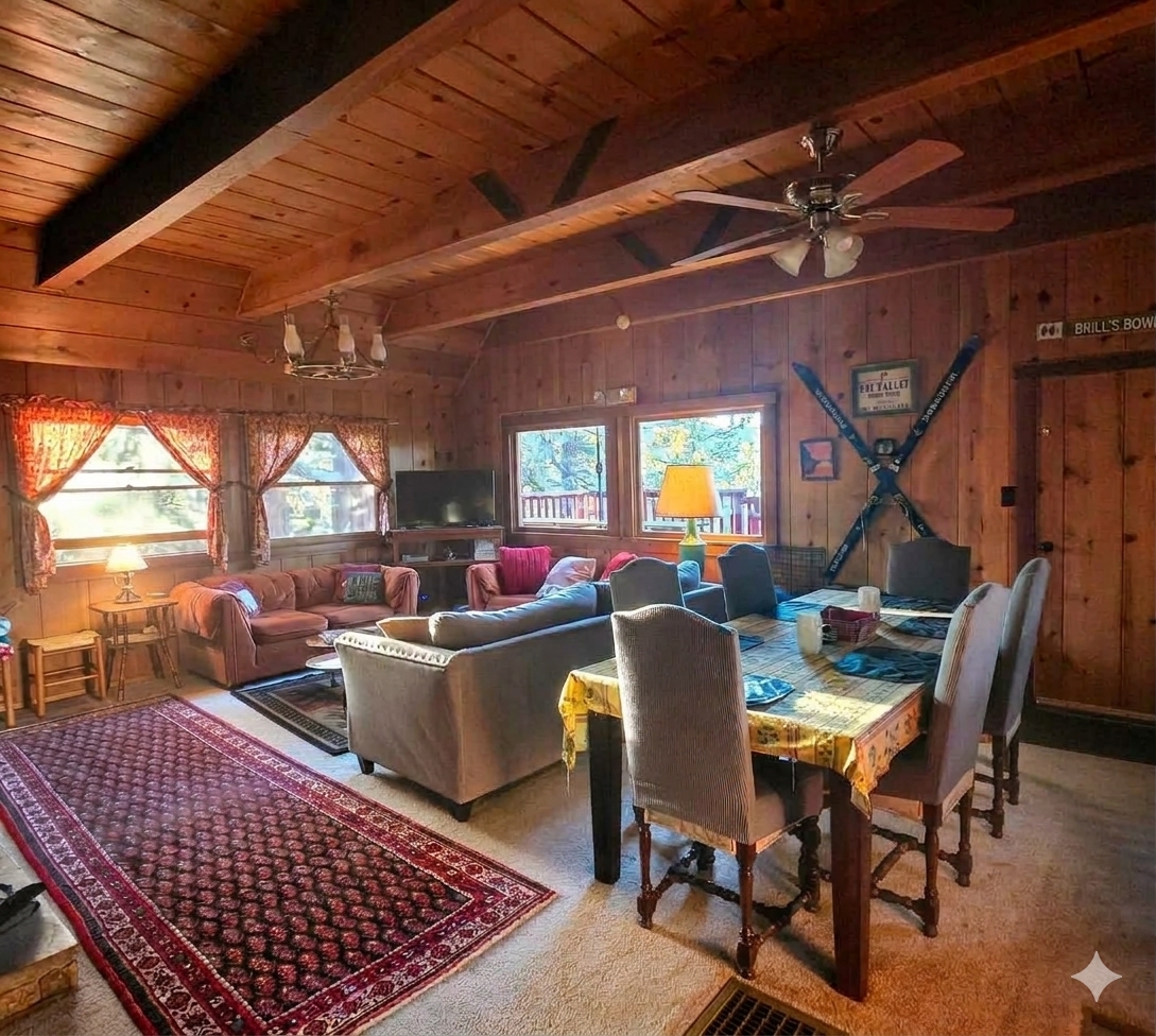 Great room with living, dining and fireplace