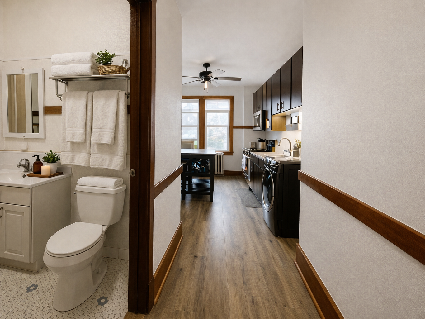 Easy interior layout connecting kitchen, bathroom, bedrooms and leaving areas for simple navigation and comfortable home flow.
