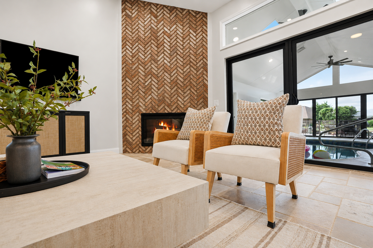 Modern living room with a stylish fireplace, textured accent wall, and comfortable seating. Bright, open space with warm finishes and a cozy yet upscale atmosphere—perfect for relaxing or entertaining.