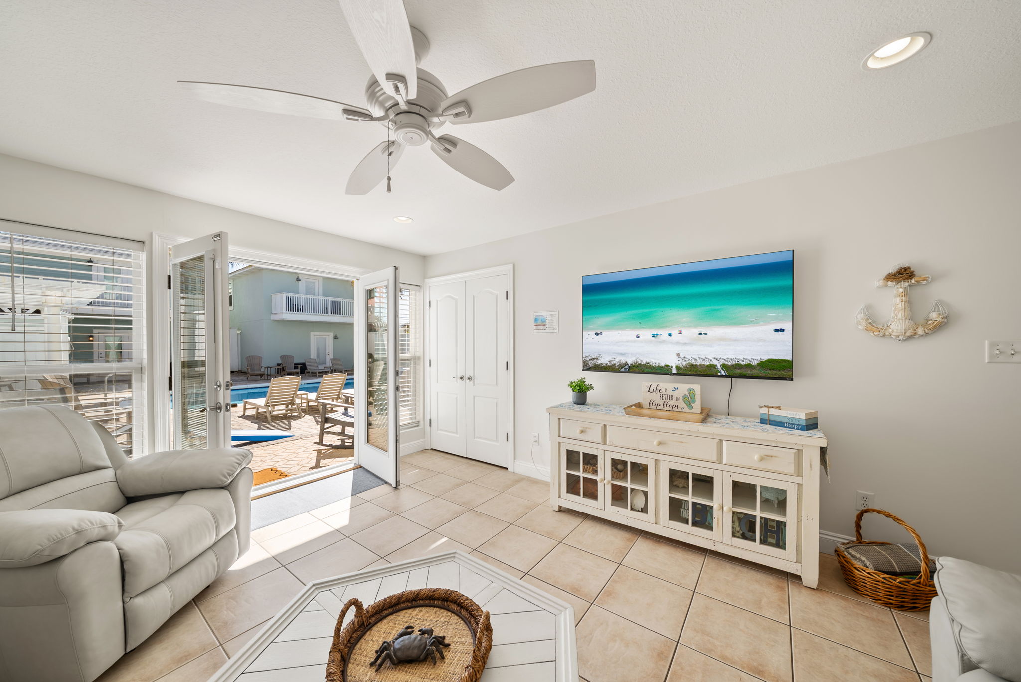 Large 65" smart TV is mounted on the wall! All you need to bring is your passwords!