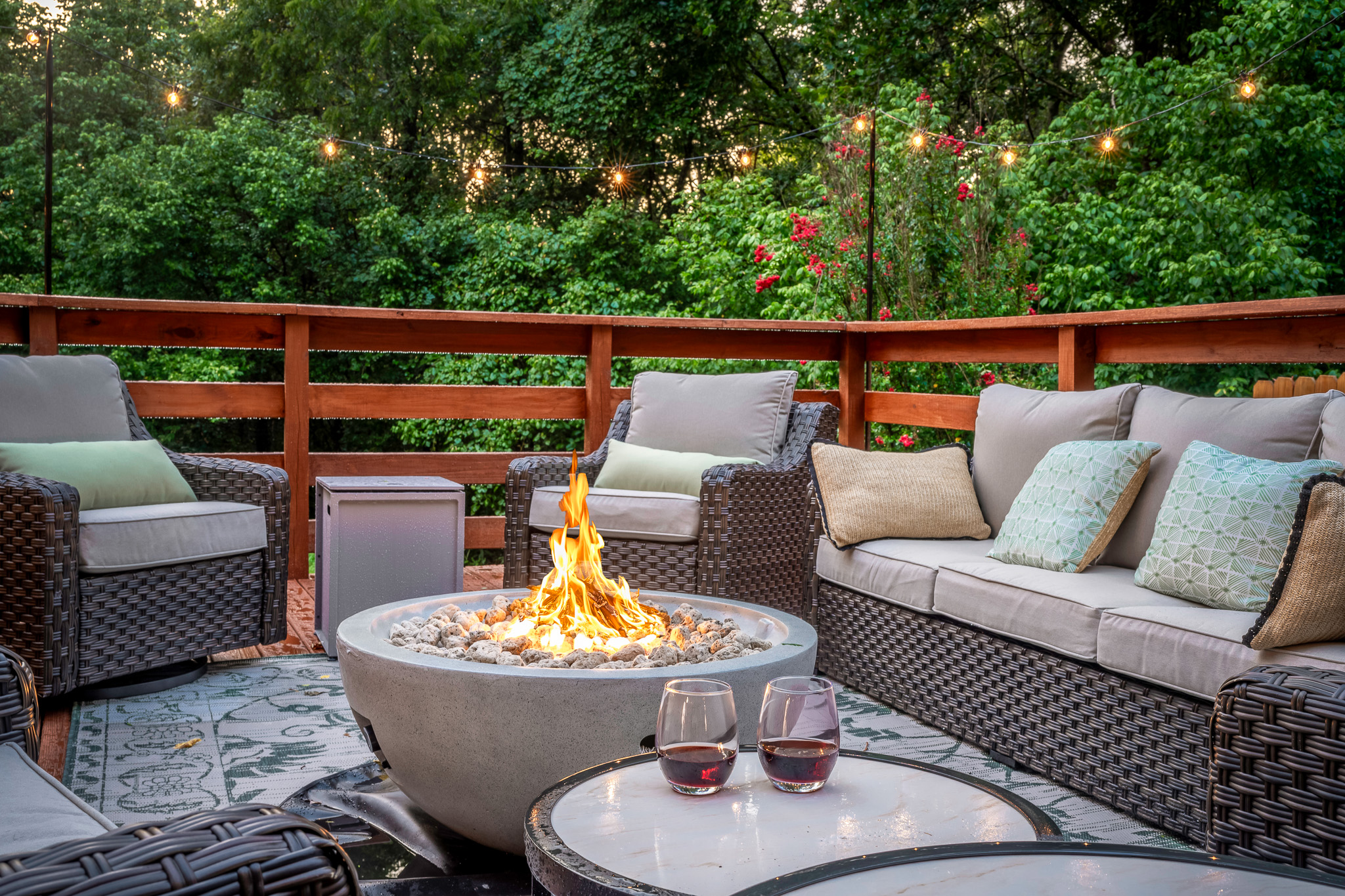 Evenings done right Kick back by the fire pit (propane included), sip something smooth, and let the string lights set the mood. ✨🔥🍷Alcohol not included.