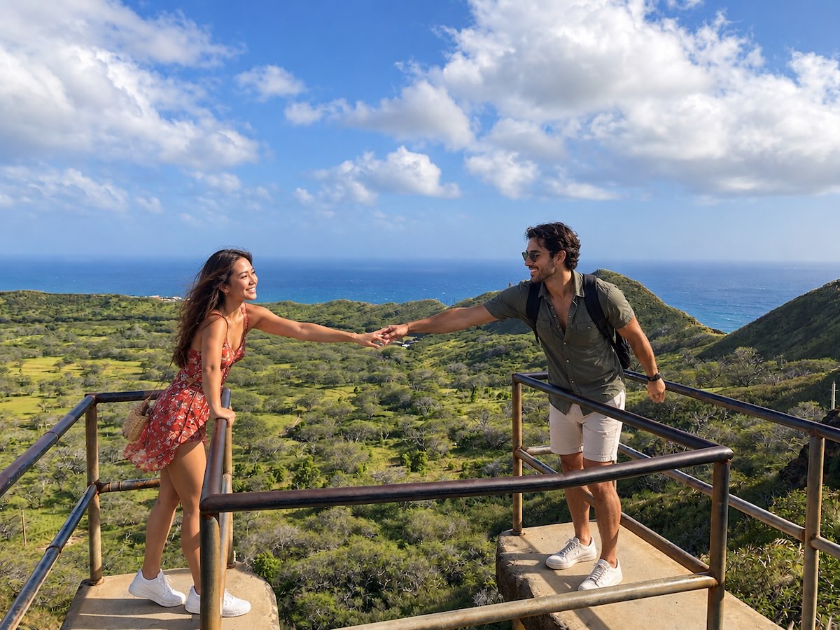 Couple enjoying a romantic scenic lookout on Oahu