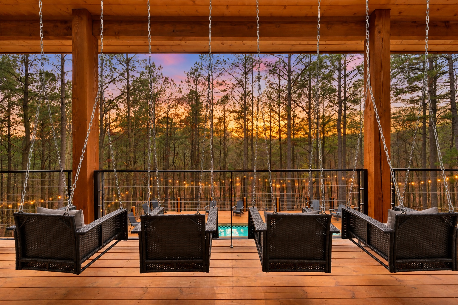 Sway together on the porch as the sky turns gold beyond the pines.