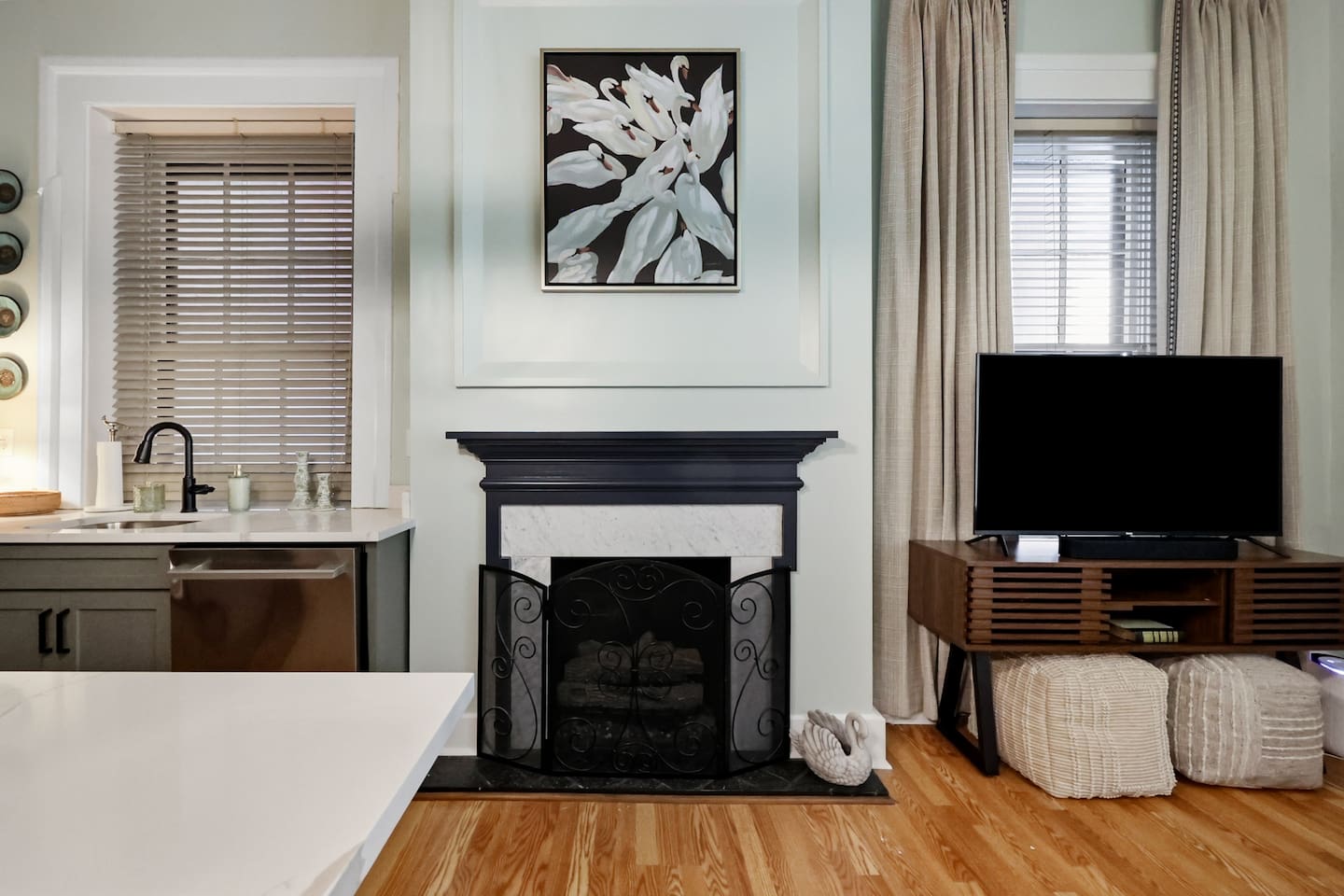 Smart TV in the living room of the Bell-Smith Suite. Fireplaces are for aesthetics only.
