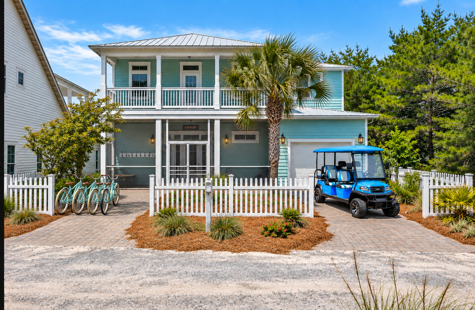 Beautiful coastal home with a spacious driveway, four complimentary bicycles, and a six seat golf cart, offering guests easy access to explore the area in style.
