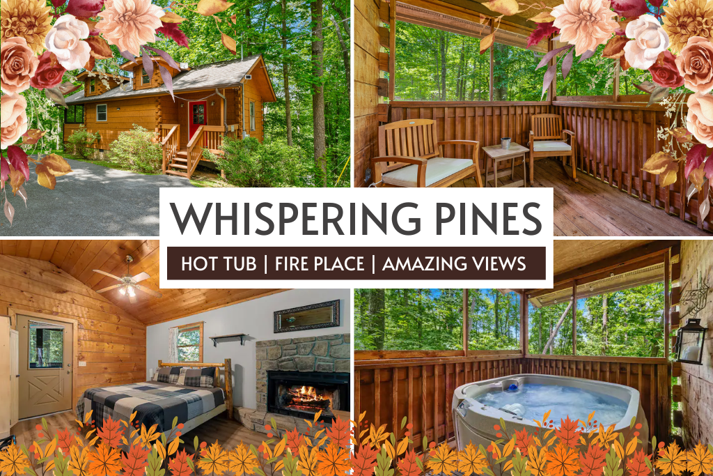 Whispering Pines offers a cozy cabin escape with a hot tub, fireplace, and stunning views—perfect for a peaceful stay.