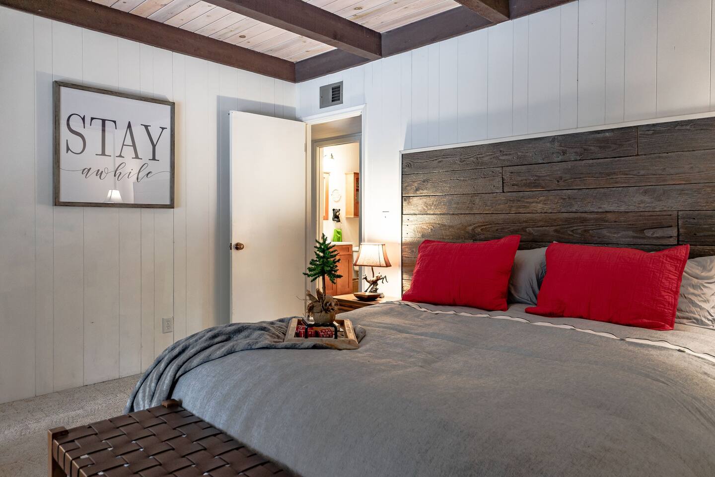 Downstairs is the master bedroom with a king sized bed.