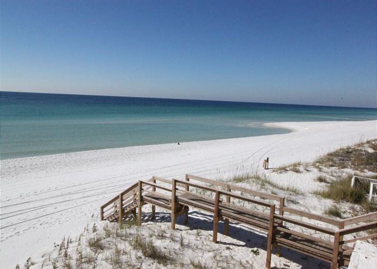 Sugar white sand and beach boardwalk at Sandestin, a tram ride from the front door
