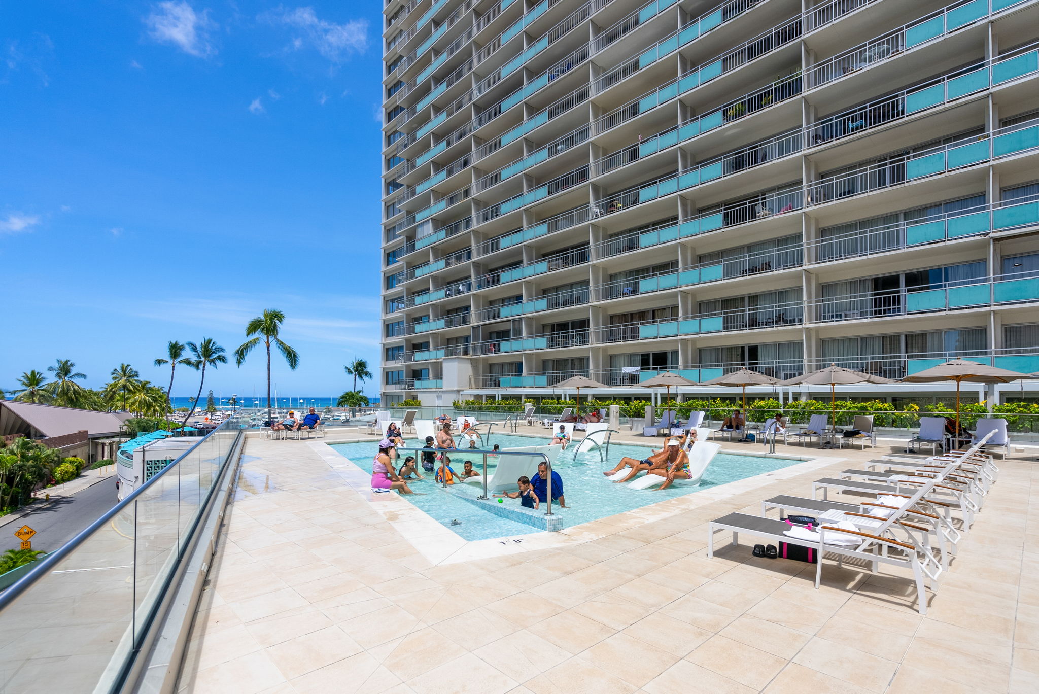 Hotel pool located on the lobby level of the hotel.  Sun chaise lounges available for your relaxation
