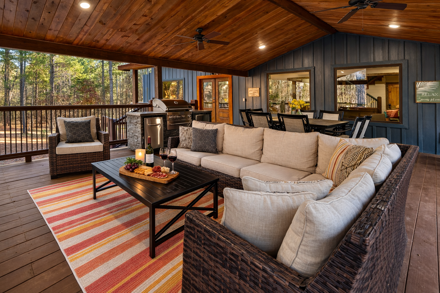 Warm up by the fireplace with a crowd. Plenty of seating for cozy gatherings.