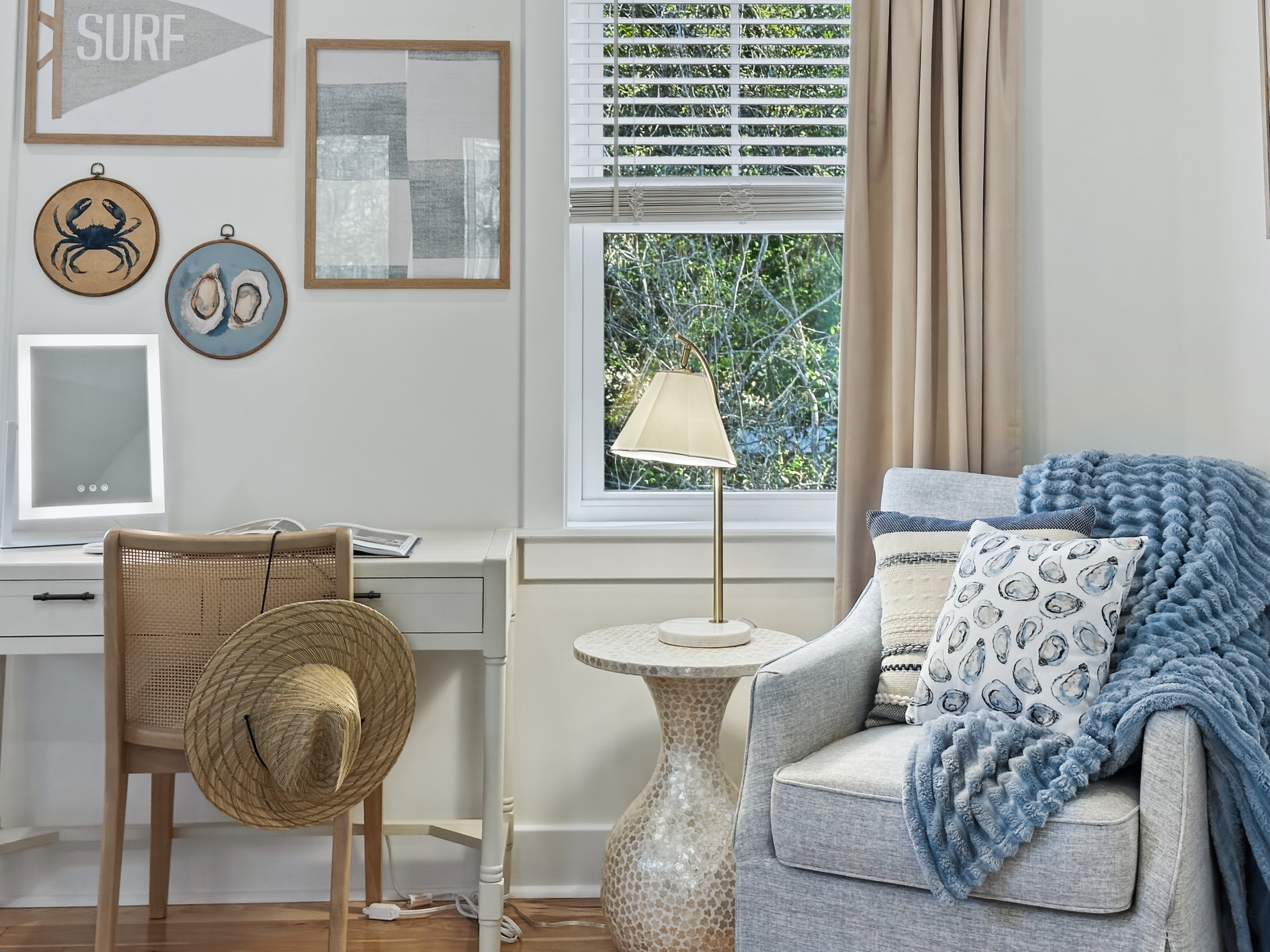 With a cozy reading corner and a vanity station.