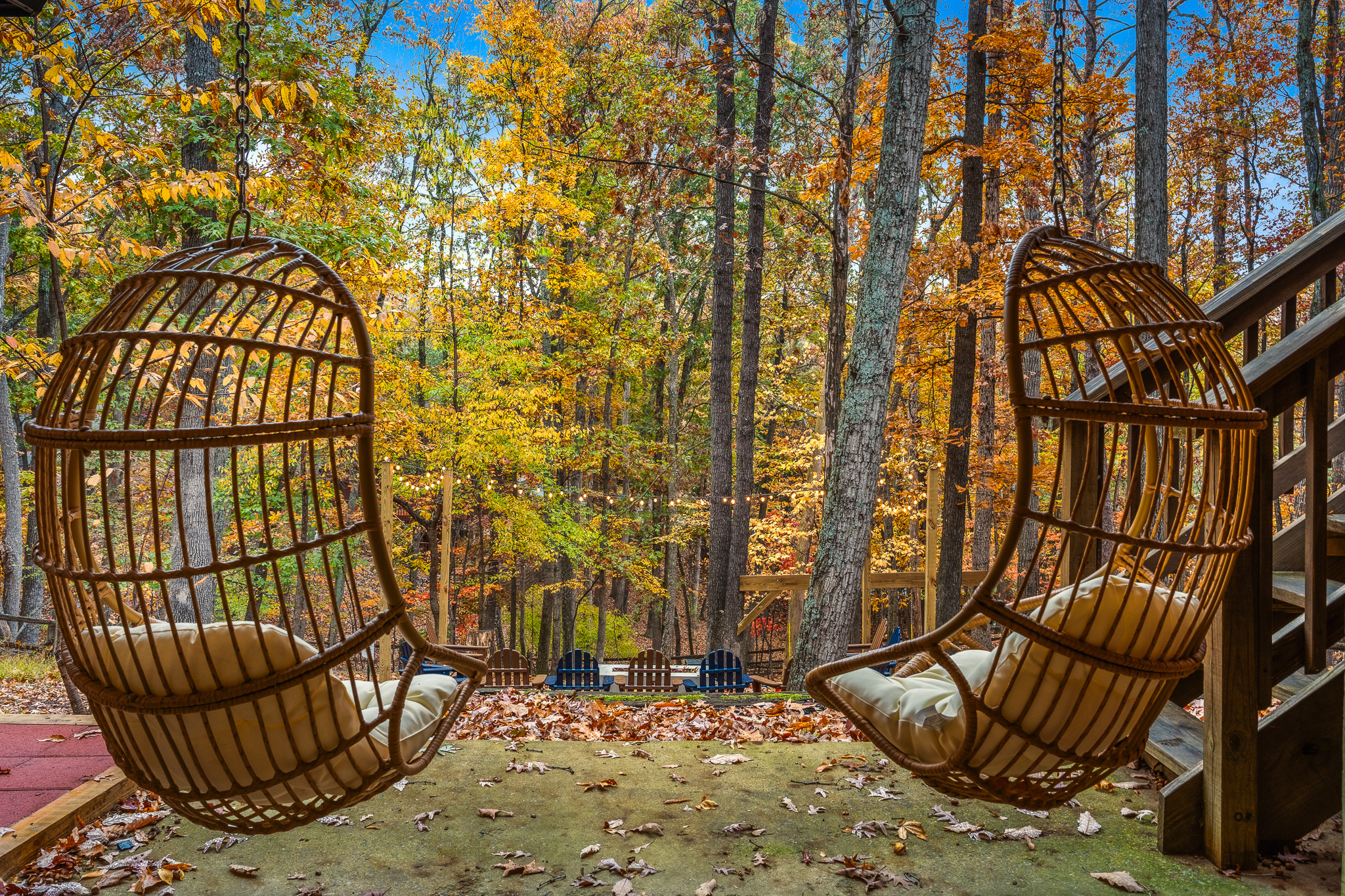Two hanging egg chairs, one perfect slow morning. Sip, sway, and watch the forest do its thing.