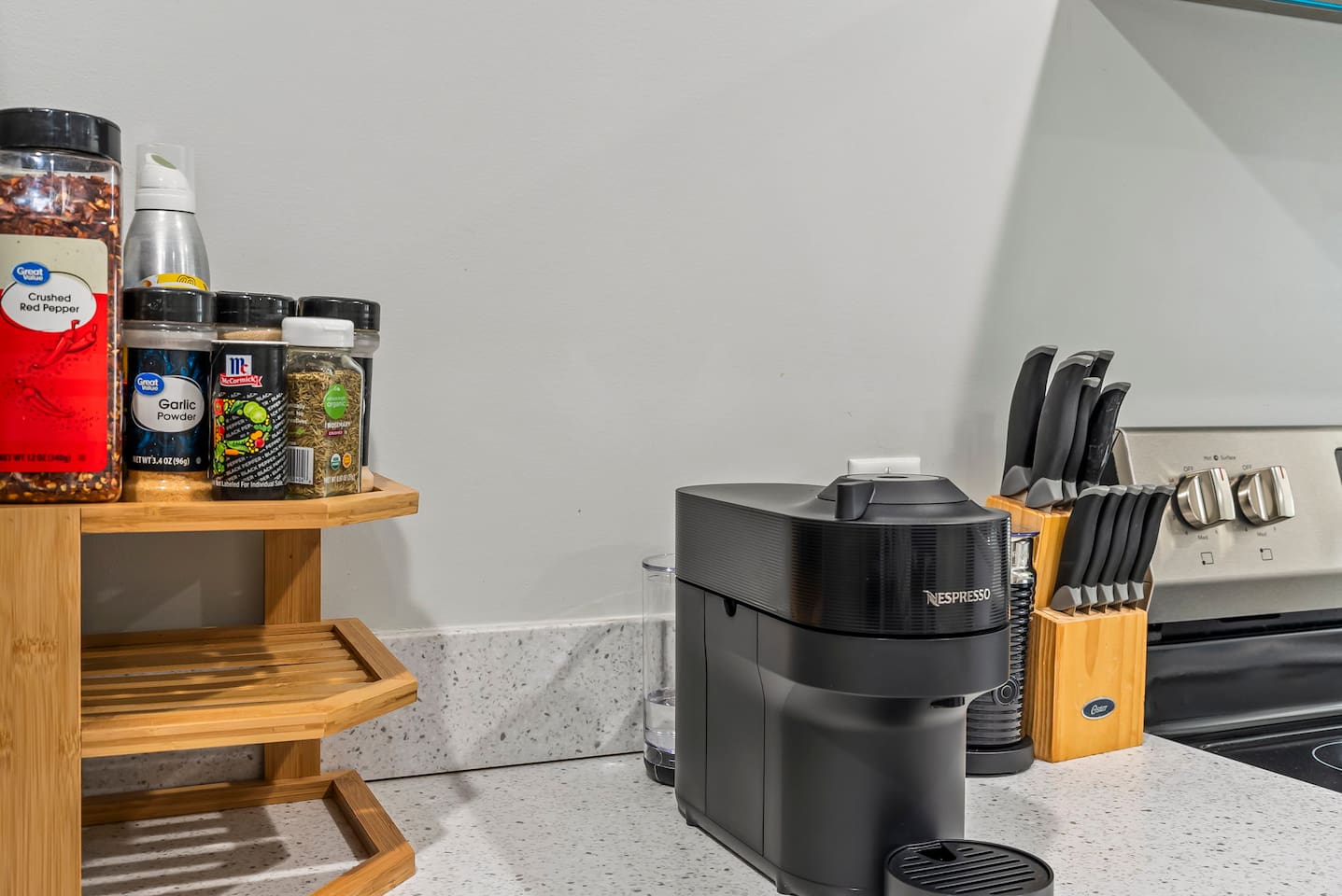 Coffee lovers will enjoy the dedicated coffee station with a Nespresso machine and stocked spice rack.