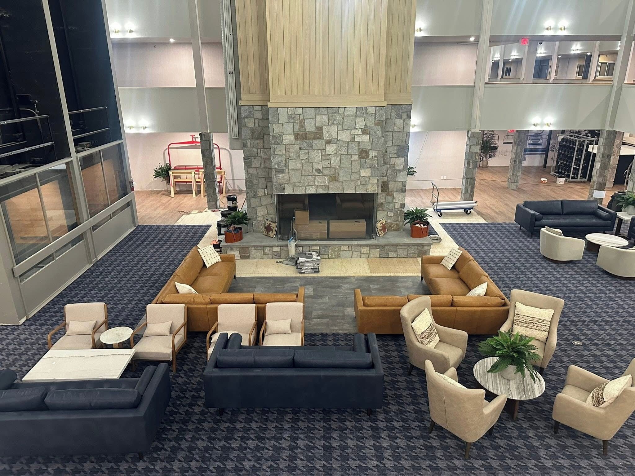 Check out the giant double sided fireplace in Mountain Lodge's brand new lobby