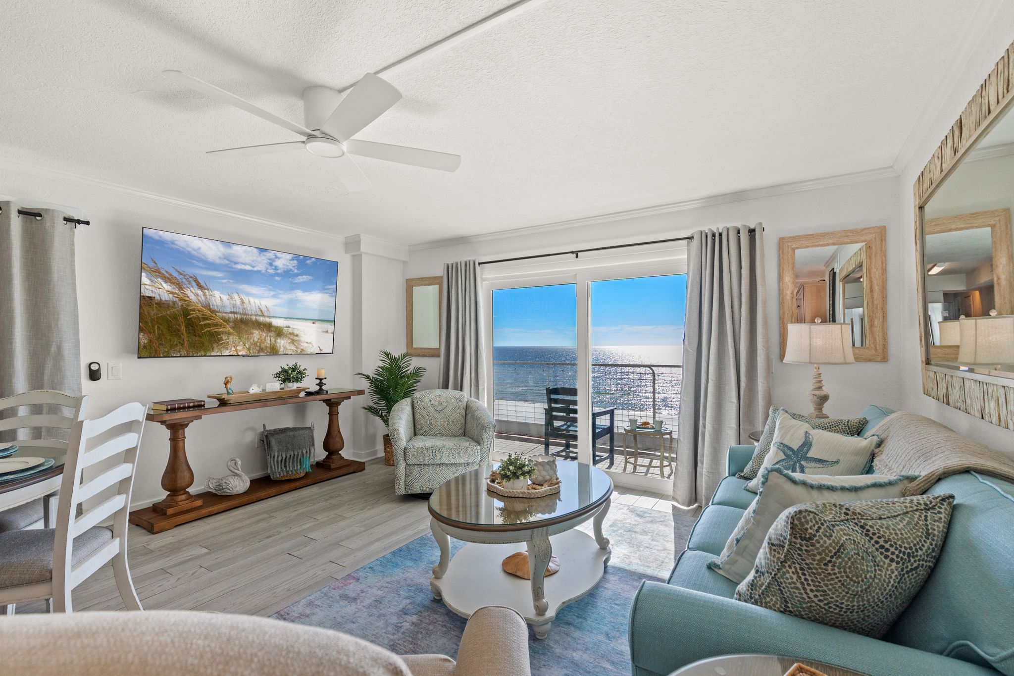 Kick back in the living area and settle into the brand-new recliner—perfect for soaking in the breathtaking gulf view, catching your favorite TV show on our 75" Roku TV, or unwinding after a full day of sun and sand.