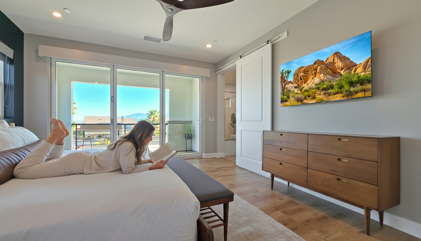 Bedroom #4 upstairs primary suite features a king-sized bed, bi-folding glass doors with a private balcony, ceiling fan and smart TV.