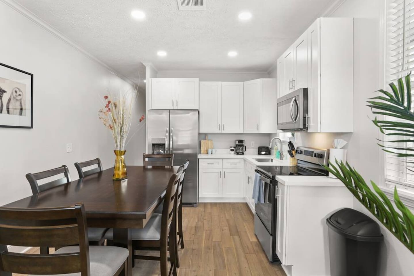 Your kitchen is fully equipped with coffee maker (and coffee, creamer, and sugar), toaster, blender, cold filtered water from the fridge, electric oven, microwave, pots and pans, and more.  