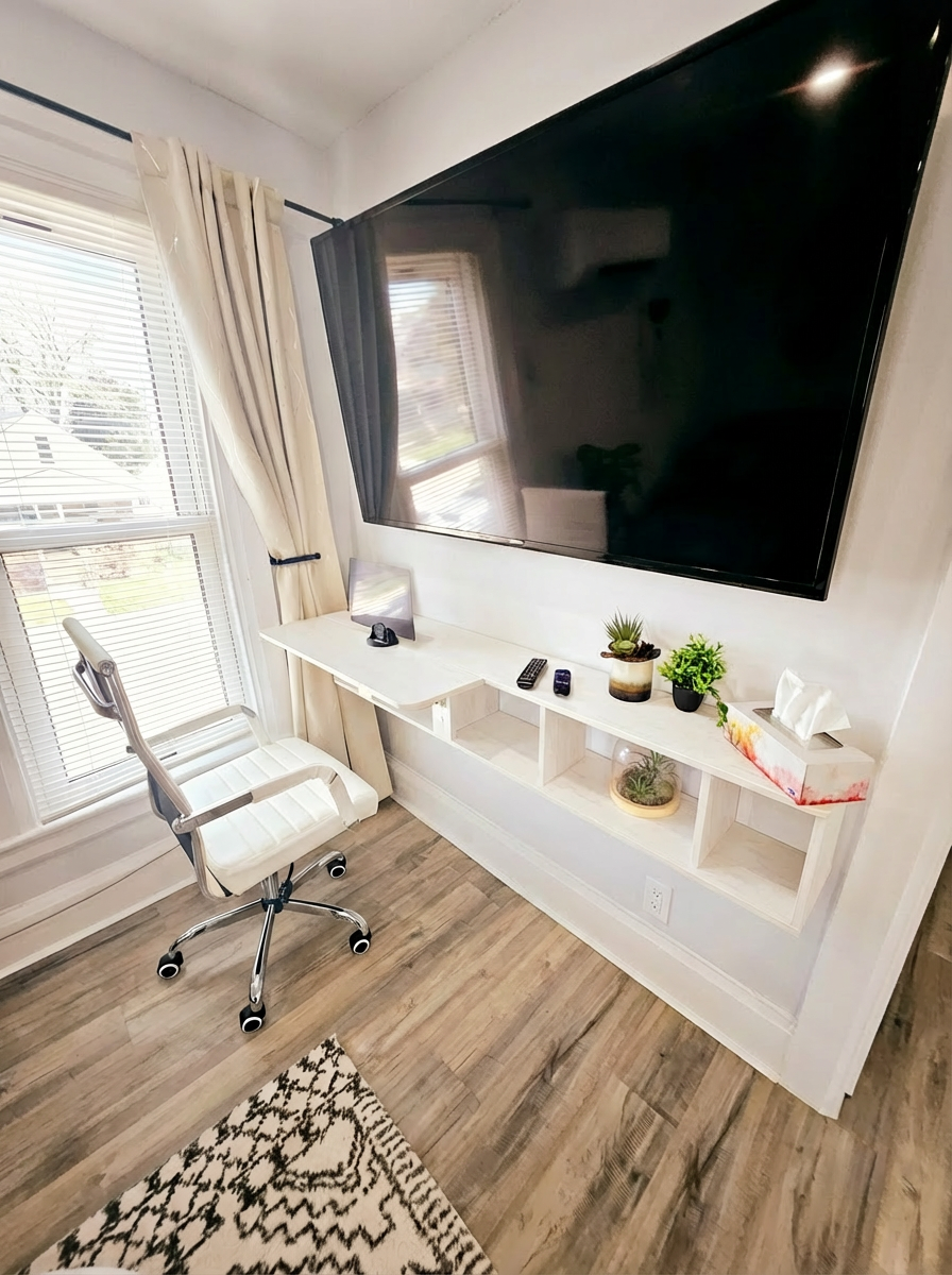 Work or play. Work space and oversized smart TV. 