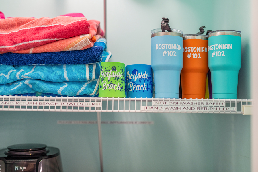 Beach towels and insulated cups for guest use!