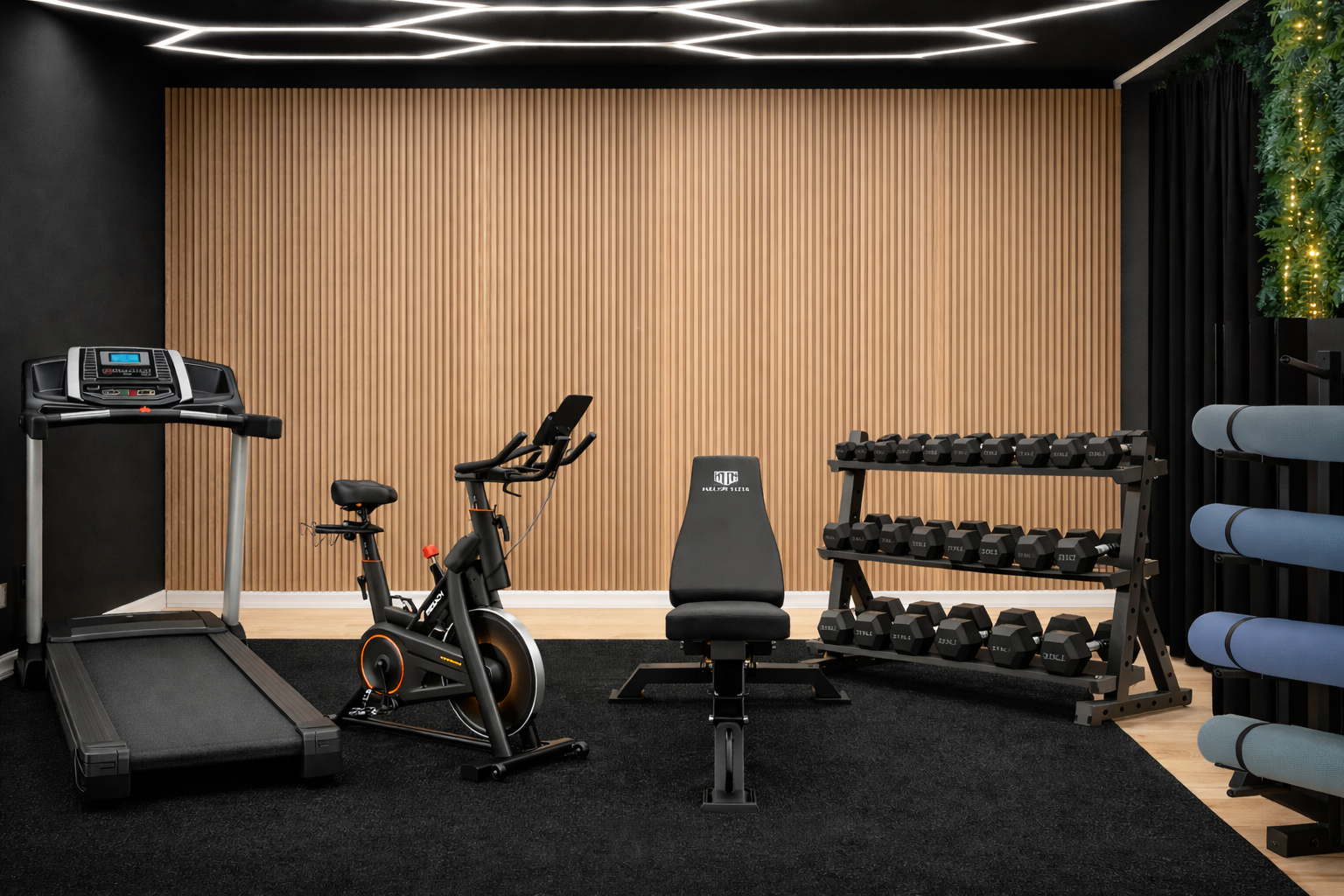 Stay active in this state-of-the-art home gym featuring a treadmill, stationary bike, and full dumbbell set. Enjoy the modern aesthetic of the greenery accent wall and yoga station, providing a premium fitness retreat during your stay.