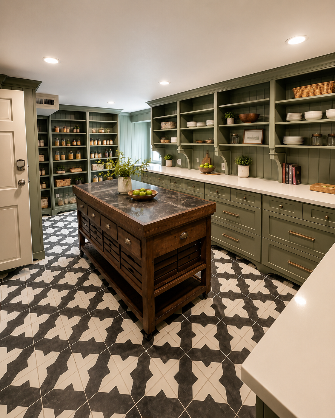 This spacious prep kitchen provides additional workspace for larger gatherings and catered events. Featuring extensive storage, generous counters, open shelving, and a large prep island, it's designed to support the commercial kitchen.