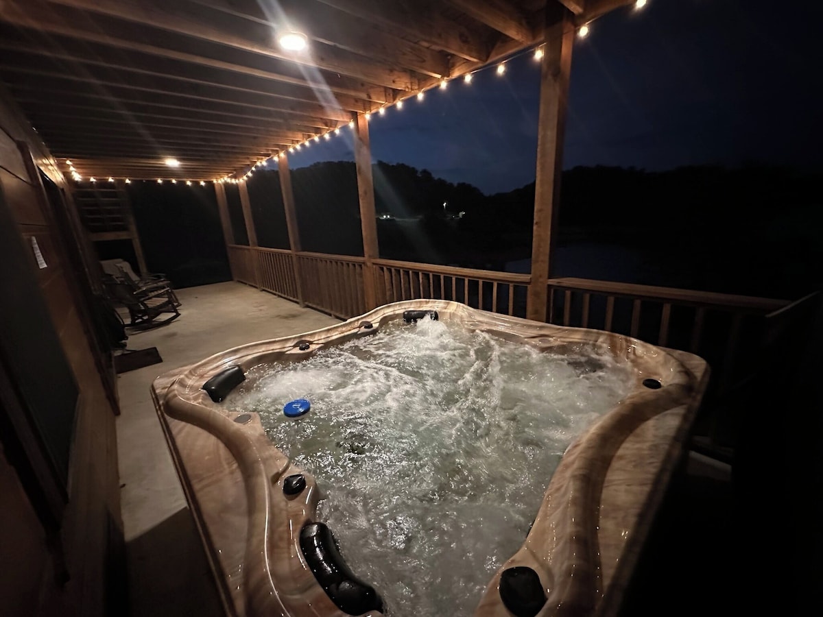 Hot Tub in the Evening under patio lights