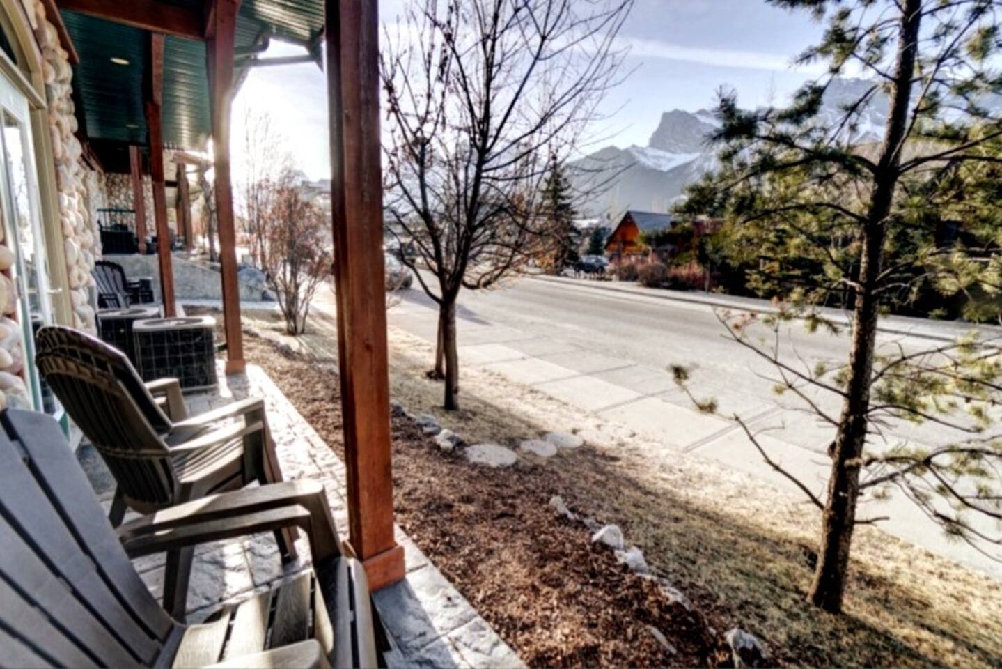View from patio.  Facing quiet street, mountains in the background.