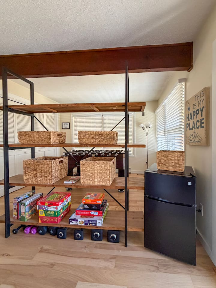 Games, puzzles, and dumbbells for you to enjoy during your stay. Keep a stash of drinks and snacks in the mini fridge for easy access! 